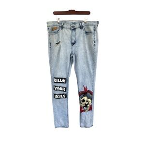Watson Jeans Size 36 Skull Patch Distressed Punk Slogan Light Blue Graphic Denim